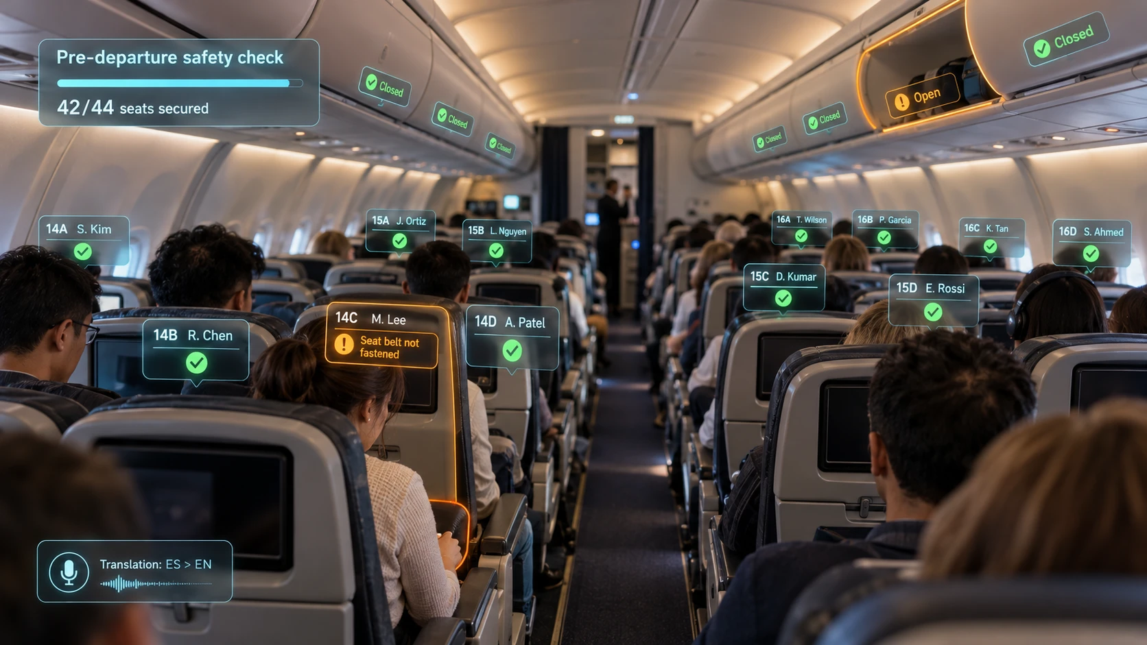 AR glasses view of an aircraft cabin with seat labels, seat belt status, and overhead bin checks