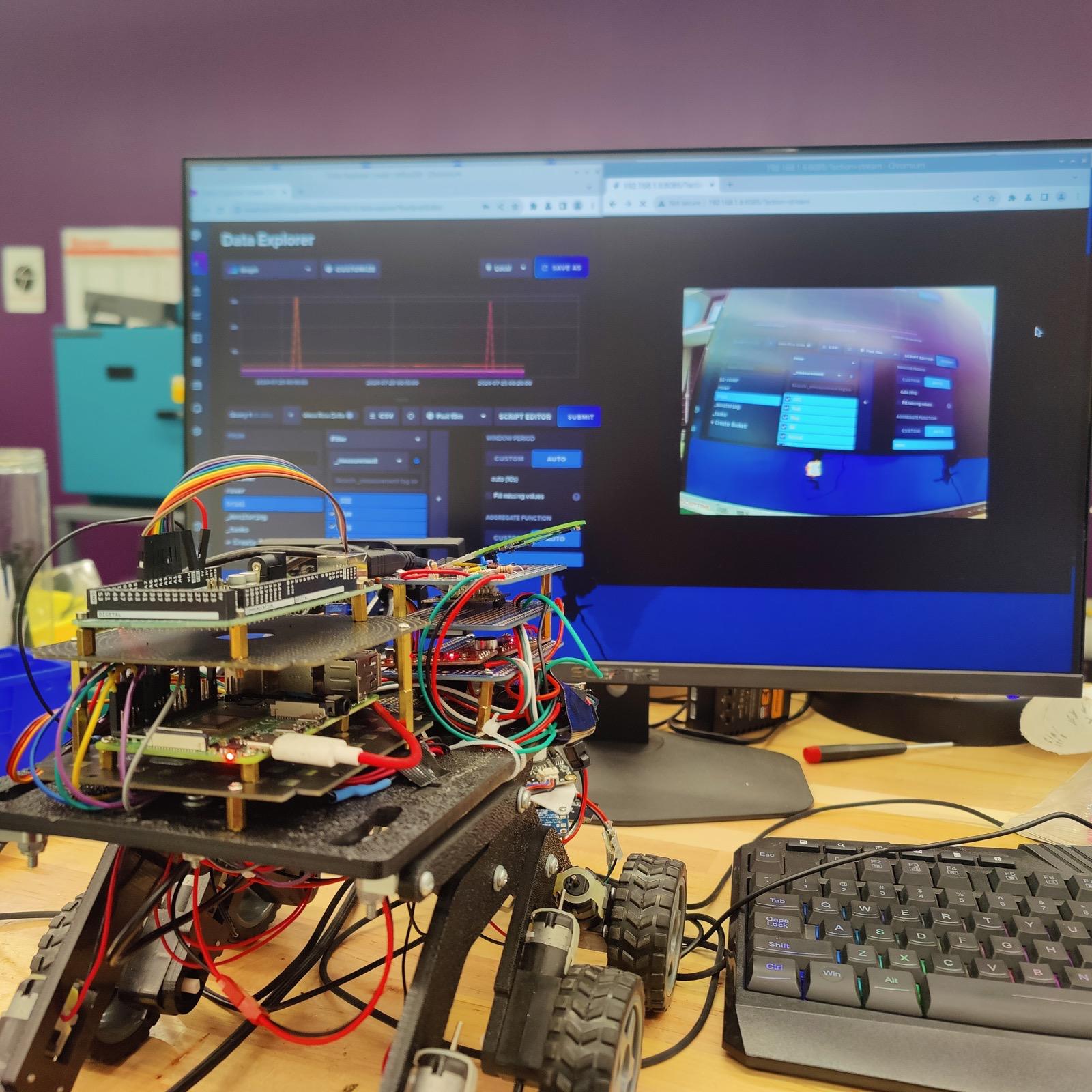 Odyssey rover beside its live InfluxDB sensor dashboard